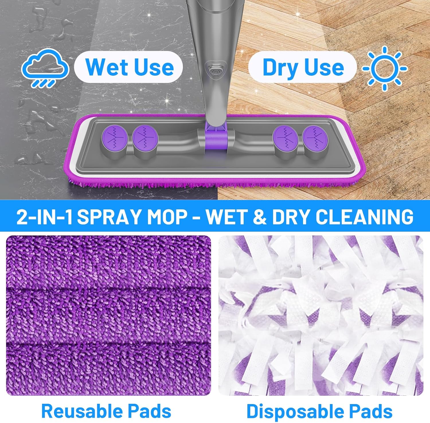 Skiennix Spray Mop for Floor Cleaning - Wet & Dry Mop with 2 Washable + 2 Disposable Pads | Refillable Bottle for Hardwood & Tile - Ideal for Pet Hair & Dust Removal