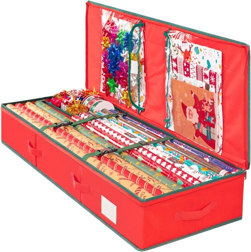 Criusia Gift Wrapping Paper Organizer - Durable Underbed Storage for 24 Rolls | Red with Removable Dividers & Pockets