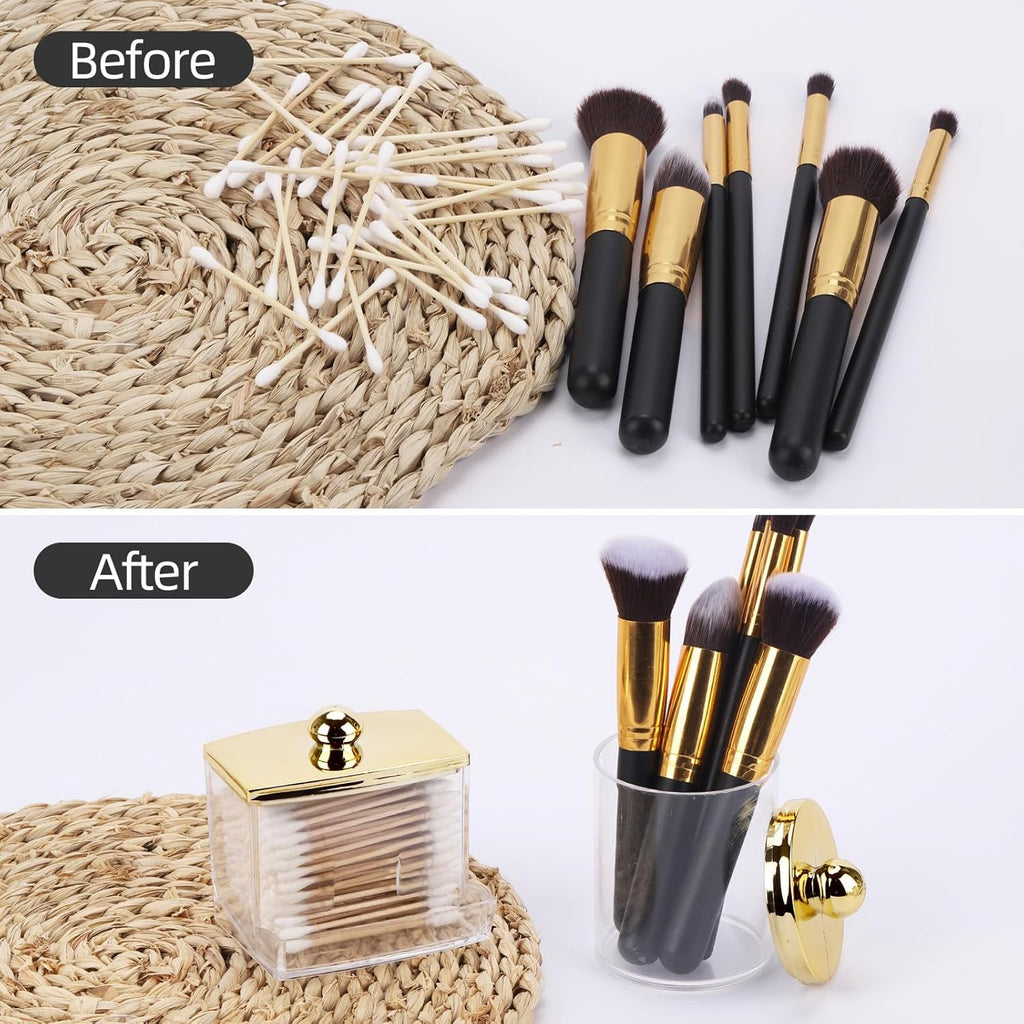 Tbestmax Qtip Dispenser - Stylish Bathroom Organizer with Gold Lid | 2-Pack Plastic Apothecary Jars