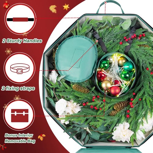 BrilliantJo Wreath Storage Bag - Hard Shell 24-Inch Christmas Decoration Case | 600D Oxford Fabric, Green