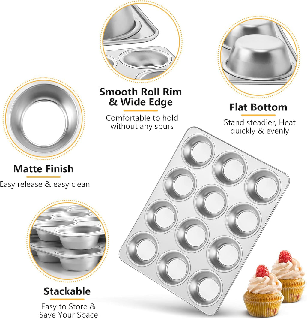 TeamFar 12-Cup Muffin Pan - Stainless Steel Non-Toxic Baking Tin | Easy Clean & Dishwasher Safe