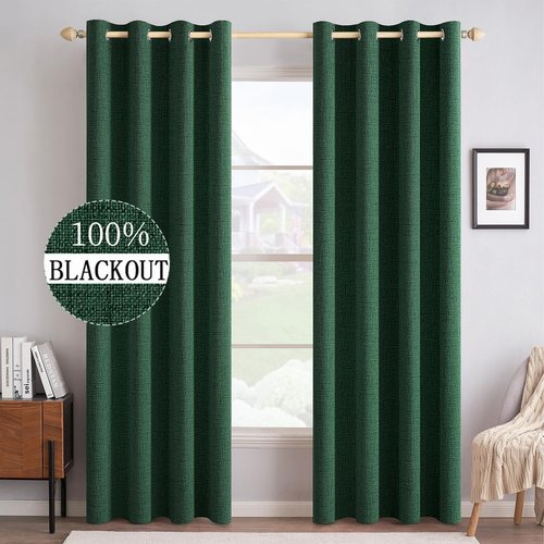 MIULEE Linen Curtains - 100% Blackout Thermal Insulated Emerald Green Drapes | 52 x 90 Inch (2 Panels)