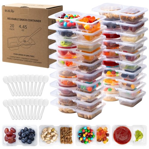 20 Sets Reusable Snack Containers with Lids & 20 Sporks – Double Compartment for Portion Control, BPA-Free Leak-Proof Dipping Containers for Meal Prep, Travel, and Outdoor Snacks (Clear)