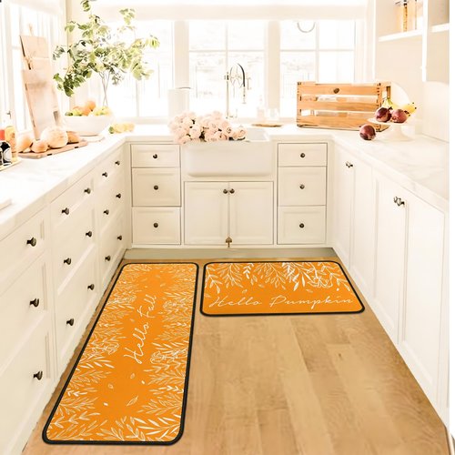 Fall Kitchen Rugs and Mats Set of 2, Fall Decorations for Home Non Slip Backing Holiday Kitchen Rug Autumn Decor Orange Kitchen Floor Mat 17"X47"+17"X30"