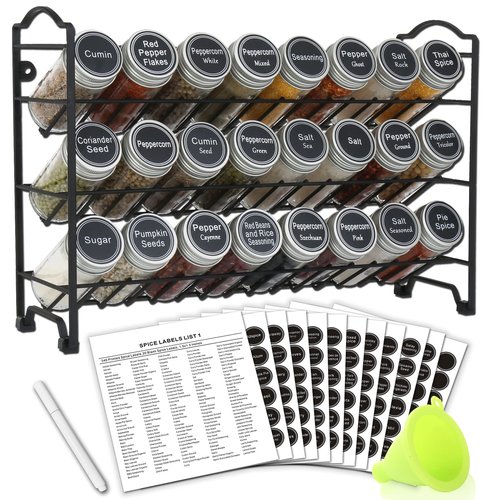 SWOMMOLY 3 Tier Spice Rack Organizer with 24 Empty Round Spice Jars, 396 Spice Labels, Funnel and Chalk Marker Complete Set, Black
