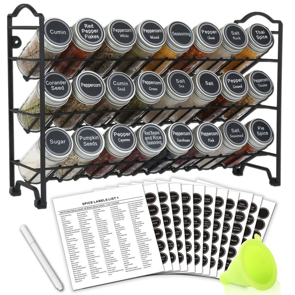 SWOMMOLY 3 Tier Spice Rack Organizer with 24 Empty Round Spice Jars, 396 Spice Labels, Funnel and Chalk Marker Complete Set, Black