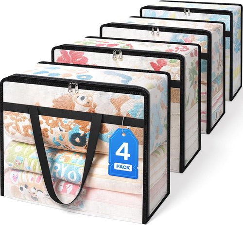 BlissTotes Clear Clothes Storage Bags - 4 Pack Foldable Under Bed Containers with Zipper & Handle (40L)