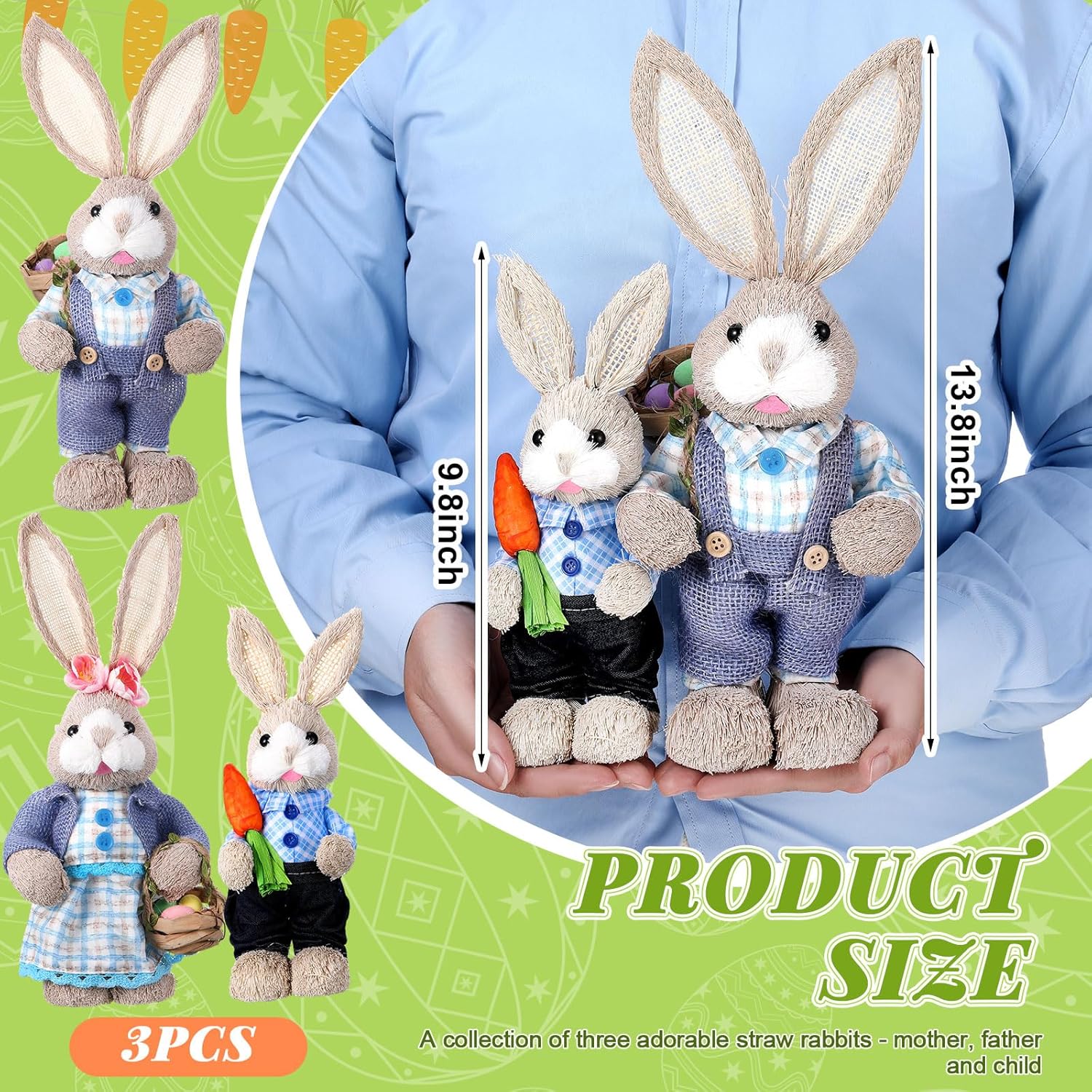 Wesiti Easter Bunny Decorations - Set of 3 Natural Sisal Straw Figurines | 13.8" & 9.8" Tabletop Statues