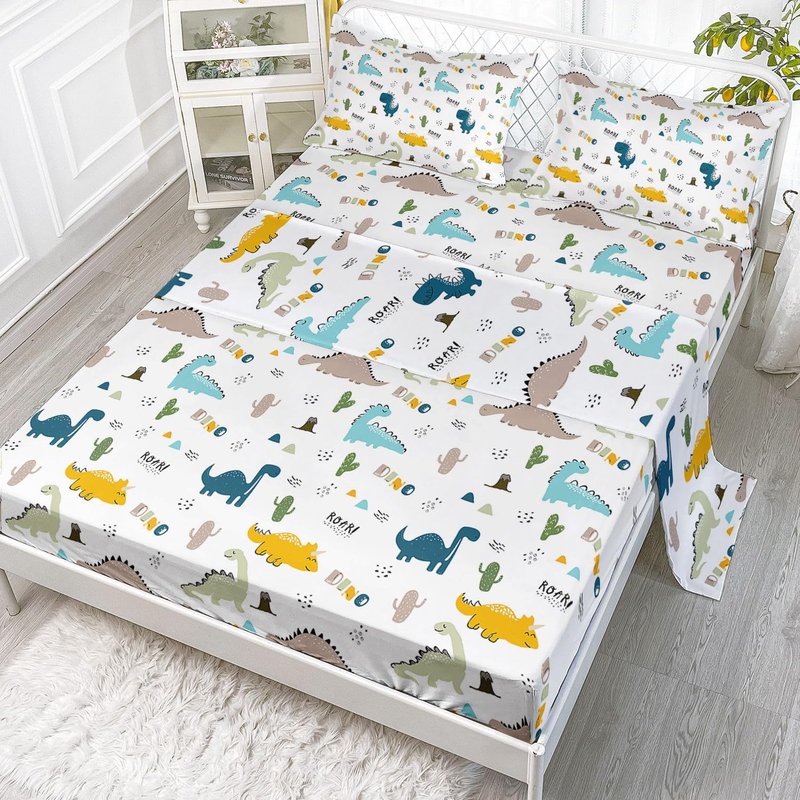 Smell Sunshine Dinosaur Sheets Set 4Pcs for Kids, Cute Dinosaur Printed Sheet Set with 1 Full Sheet and 1 Fitted Sheet + 2 Pillowcases