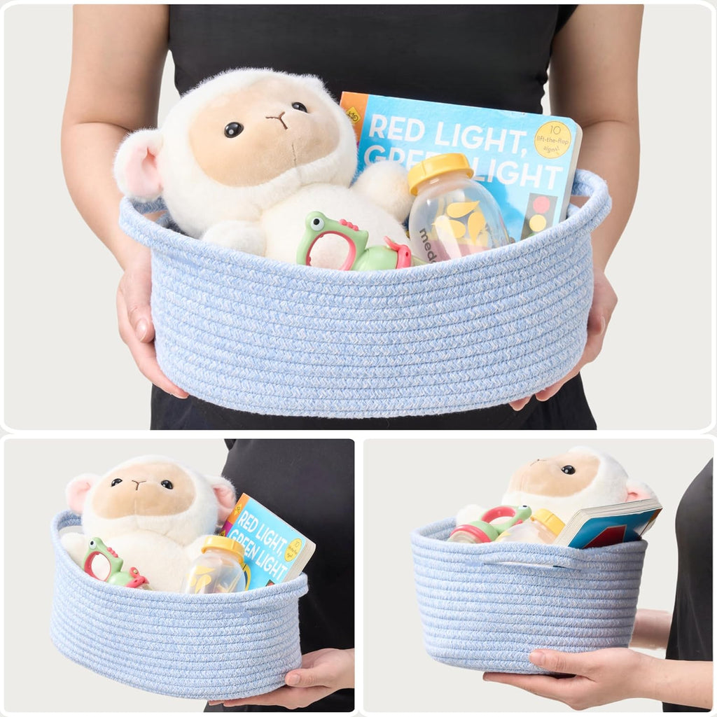 Small Woven Easter Basket by [Brand Name] - Decorative Rope Storage Organizer | Gift Bag & Ribbon Included, 12"x8"x5", Blue