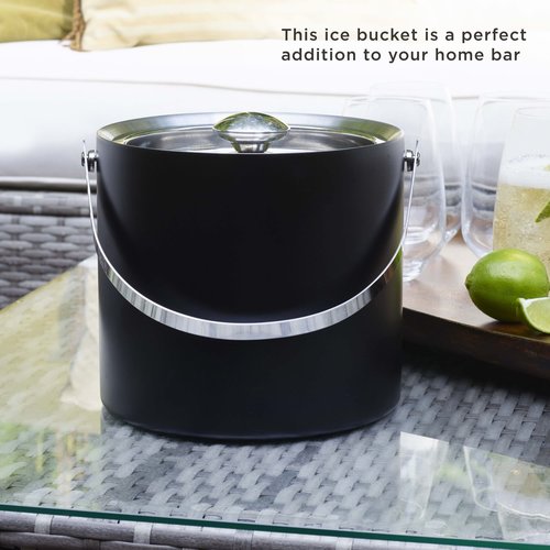 Houdini Matte Black Ice Bucket with Tongs - Double Wall Insulated, 3 Quart Stainless Steel Bar Accessory with 6.5 Inch Tongs for Home Bar, Entertaining