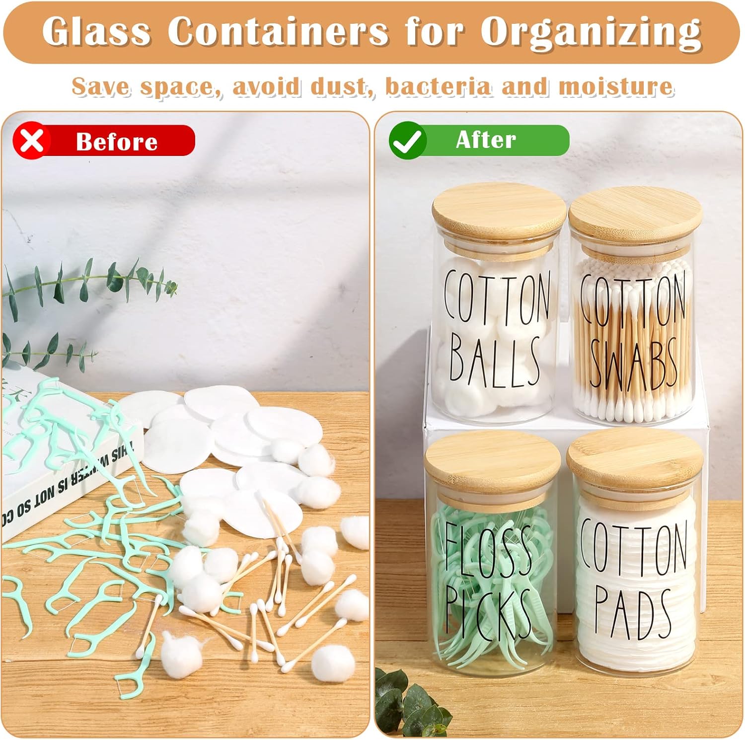 ROADPLUM Qtip Holder Bathroom Set - 4 Pack Glass Jars with Lids for Cotton Balls & Makeup Storage
