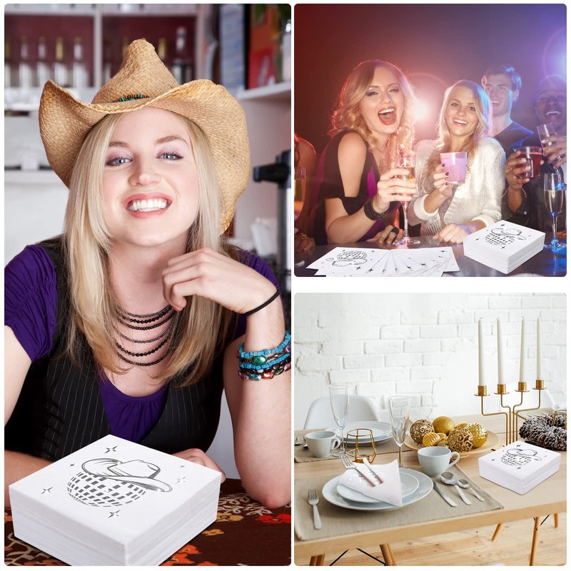 Ctosree 100 Pack Disco cowgirl Napkins 70s 80s 90s Disco Party Decorations Western Cowgirl Stylish Silver Napkins for Birthday Bachelorette Wedding (White)