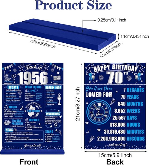 Back in 1956 70th Birthday Decorations - Two-Sided Wooden Table Sign with Stand | Blue & Silver