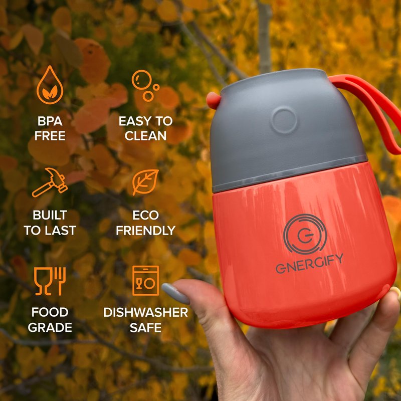 ENERGIFY Vacuum Insulated Food Jar. Large 12oz Bowl incl. Folding Spoon, Cup. Wide Mouth Keep Hot & Cold Drinks Soup Lunch Container for Adults. BPA-Free Stainless Steel, Leak Proof Fusion Coral