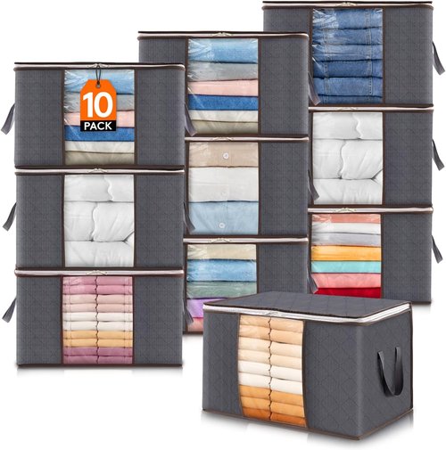 Lifewit 60L Clothes Storage Bins - 10 Pack Foldable Bags with Lids & Clear Windows | Ideal for Bedding & Closet Organization