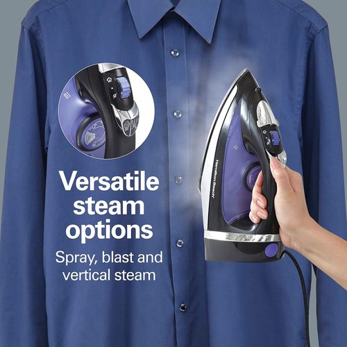 Hamilton Beach Steam Iron - Powerful 1200 Watts Garment Steamer with Stainless Steel Soleplate & 8' Cord | Black