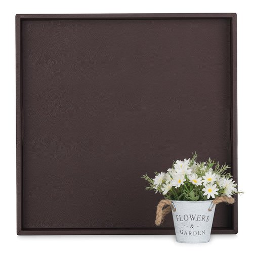 Hanobe Large Ottoman Serving Tray: Faux Leather Coffee Table Trays with Handles 22 Inch Square Extra Big Oversized Aesthetic Modern Brown Ottoman Topper for Living Room Parties Home