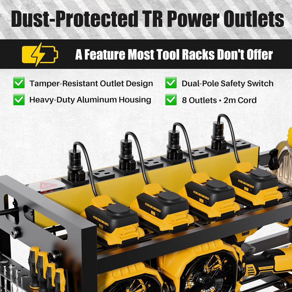 Power Tool Organizer Wall Mount - 8-Outlet TR Charging Station | Heavy Duty Metal Garage Storage Rack