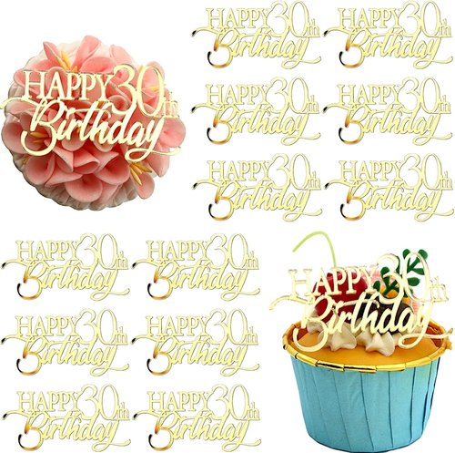 Happy Birthday Gold Mirror Acrylic Cupcake Toppers - 12 Pieces for 21st to 70th Celebrations