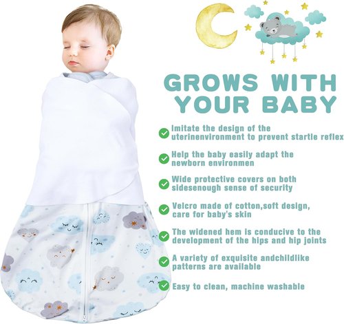 BSTOPPT Newborn Sleep Sack | 3-Way Adjustable Swaddle Blanket for 3-6 Months | 100% Rayon Cotton, TOG 0.5 - Clouds & Starry Sky