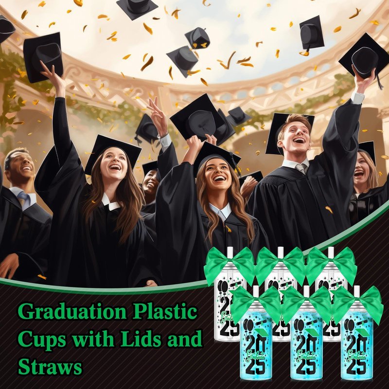 Vesici 24 Pcs Graduation Plastic Cups with Lid and Straws 13.5 oz 2025 Graduate Tumblers Graduation Gifts Drinking Cups with Decorative Bows for Class of 2025 Party Favors Decorations(Yellow)