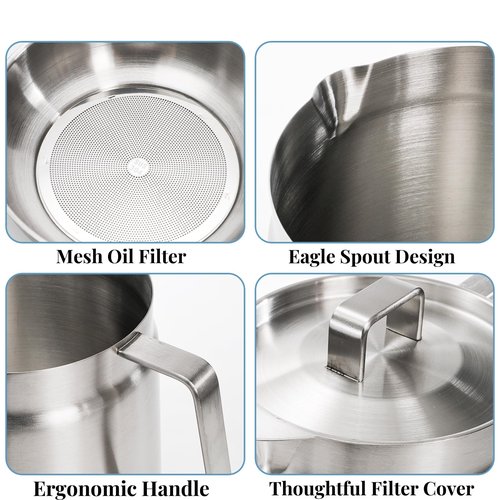 ZAVOOS 304 Stainless Steel Oil Filter Pot, 68 Oz Bacon Grease Container Saver with Oil Strainer, 2 in 1 Large Capacity Versatile Oil Filter Vessel with Deep Fry Basket for Kitchen Camping
