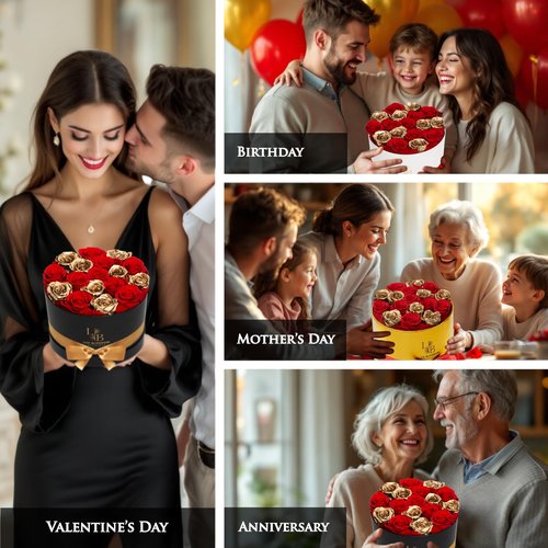 LUX BLOSSOM BOUTIQUE 17 Forever Roses in a Box - Luxury Red & Gold Roses, Gold Roses, Preserved Roses Gifts for Women, Forever Flowers Gifts for Wife, Roses for Delivery Prime (Gold Box)