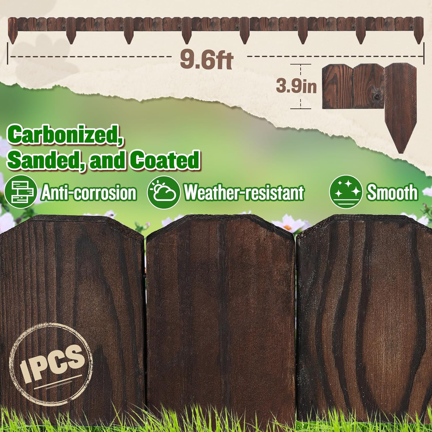Sturdy Landscape Edging by [Brand Name] - 9.6ft Anti-Corrosive Wood Garden Border for Flower Beds & Paths