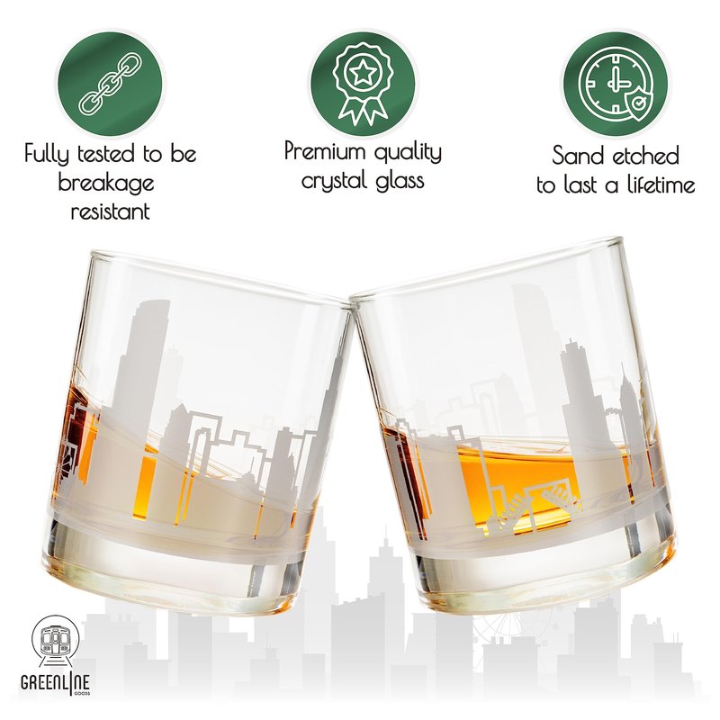 Greenline Goods Whiskey Glasses – 10 oz Drinkware for Chicago Lovers (Single Glass) - Etched with Chicago, IL Skyline - Premium Decorative Glassware