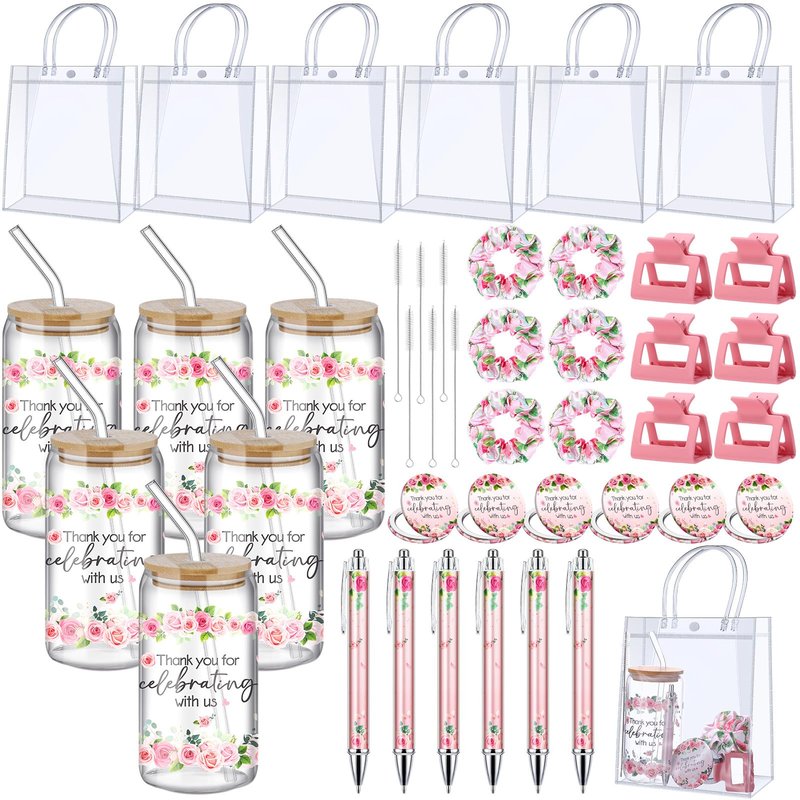 Boao 6 Set Baby Shower Game Prizes for Player Winners Tumblers with Lids Straws Mirrors Hair Scrunchies Pens Hair Clips Gift Bags for Baby Bridal Shower Wedding Game Favors(Pink Flower)