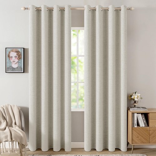 MIULEE Linen Texture Curtains - 100% Blackout Thermal Insulated Drapes | Light Cream, 52x90 Inch (2 Panels)