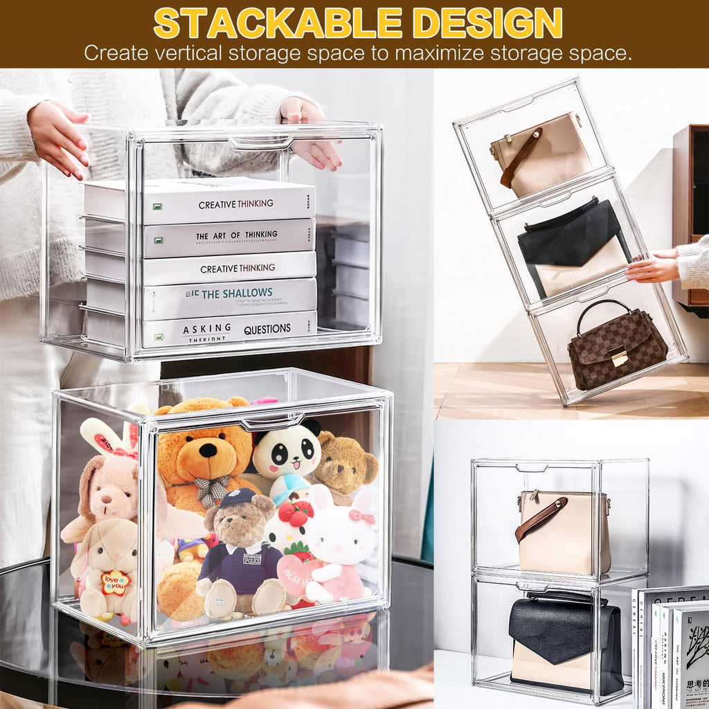 4 Packs Handbag Storage Organizer for Closet, ULENDIS Clear Acrylic Display Case for Purse and Handbag, Stackable Storage Organizer with Magnetic Door for Wallet Book Cosmetic Toys Display