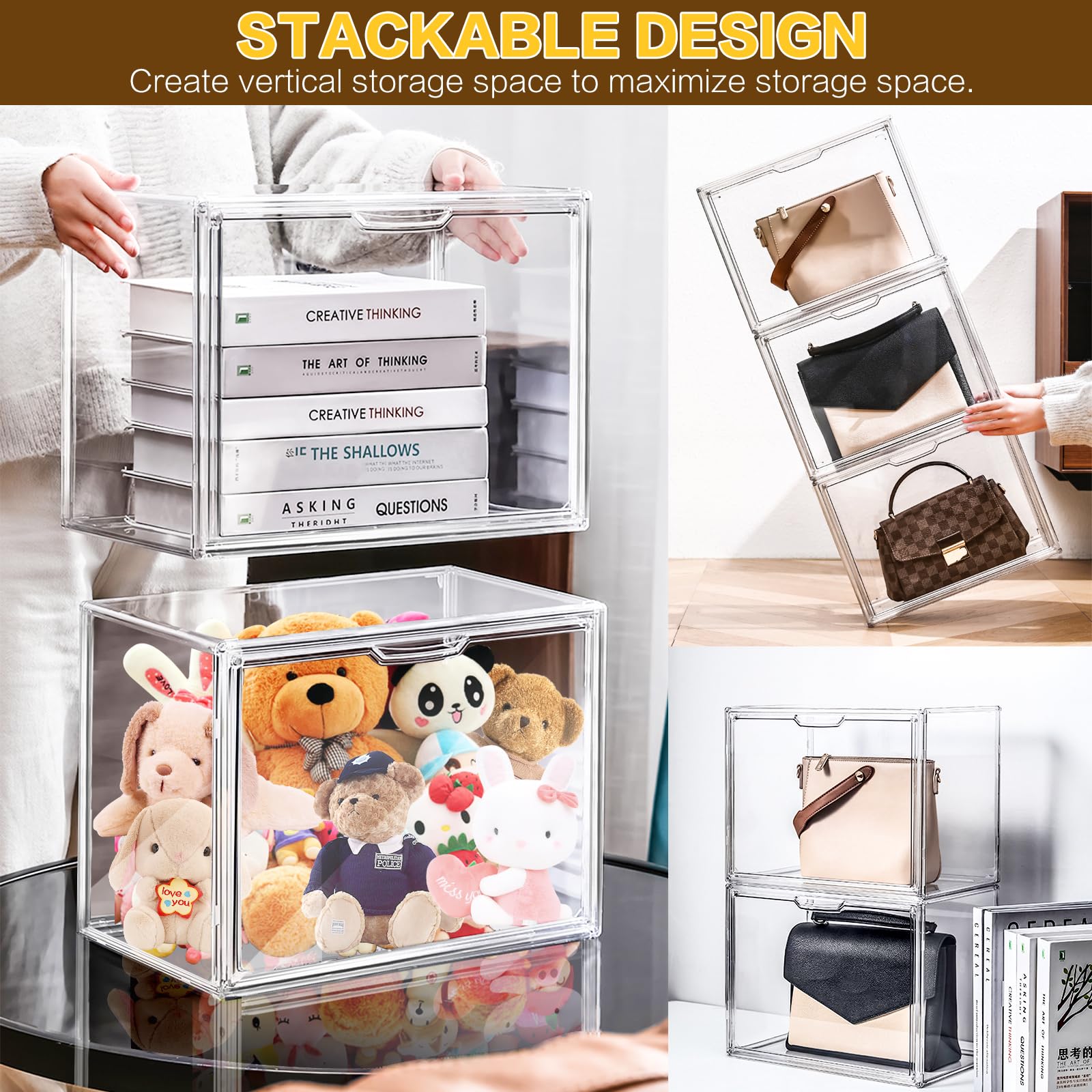 4 Packs Handbag Storage Organizer for Closet, ULENDIS Clear Acrylic Display Case for Purse and Handbag, Stackable Storage Organizer with Magnetic Door for Wallet Book Cosmetic Toys Display