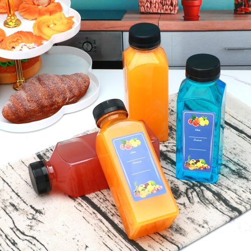 Flrolove 25pcs 12oz Juicing Bottles,Square Plastic Juice Bottles with Caps,Plastic Containers with Lids for Juicing, Drinking,Smoothies,Tea, Milk and Other Beverages