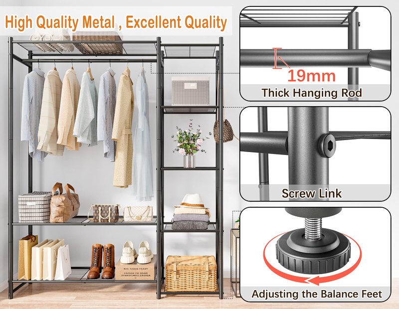 Wardrobe Closet,Portable Clothes Rack with 4 Tiers Shelves,Freestanding Closet Organizers and Storage System with Hanging Rods,Steel Clothing Rack Suitable for Cloakrooms,Bedrooms,Entrances,etc.Black