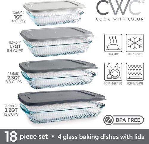 Cook With Color 8-Piece Deep Glass Baking Dish Set - Versatile Casserole & Food Storage Containers | Fluted Grey, Oven & Dishwasher Safe