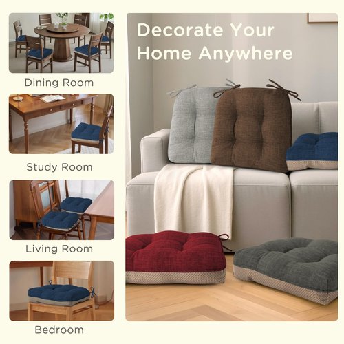 MineCozy Indoor Kitchen Chair Cushions Set of 4 Non Slip Tufted Chair Pads with Ties Thick Dining Room Seat Cushions 16'' x 16'' x 4'' Navy