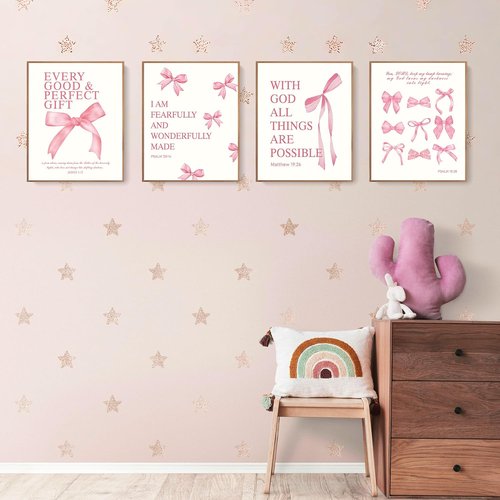 LARTSFRO Coquette Pink Bow Wall Art | Inspirational Christian Decor for Teen Girls | Set of 4 Unframed 10x8 Inch Prints
