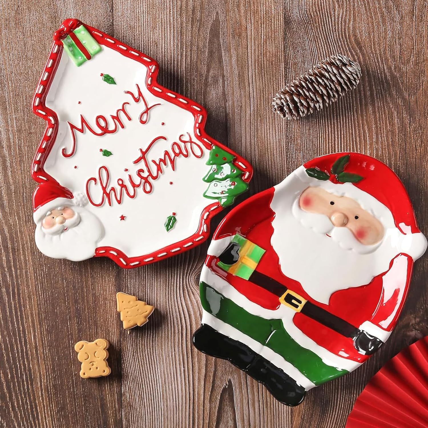 12.5 Inches Big Christmas Plates Chip & Dip Set, Christmas Ceramic Snack Plates, Santa Claus High Relief Porcelain Appetizer Dessert Fruit Salad Saucers Bowls, Cutlery Platter Serving Dish - Big