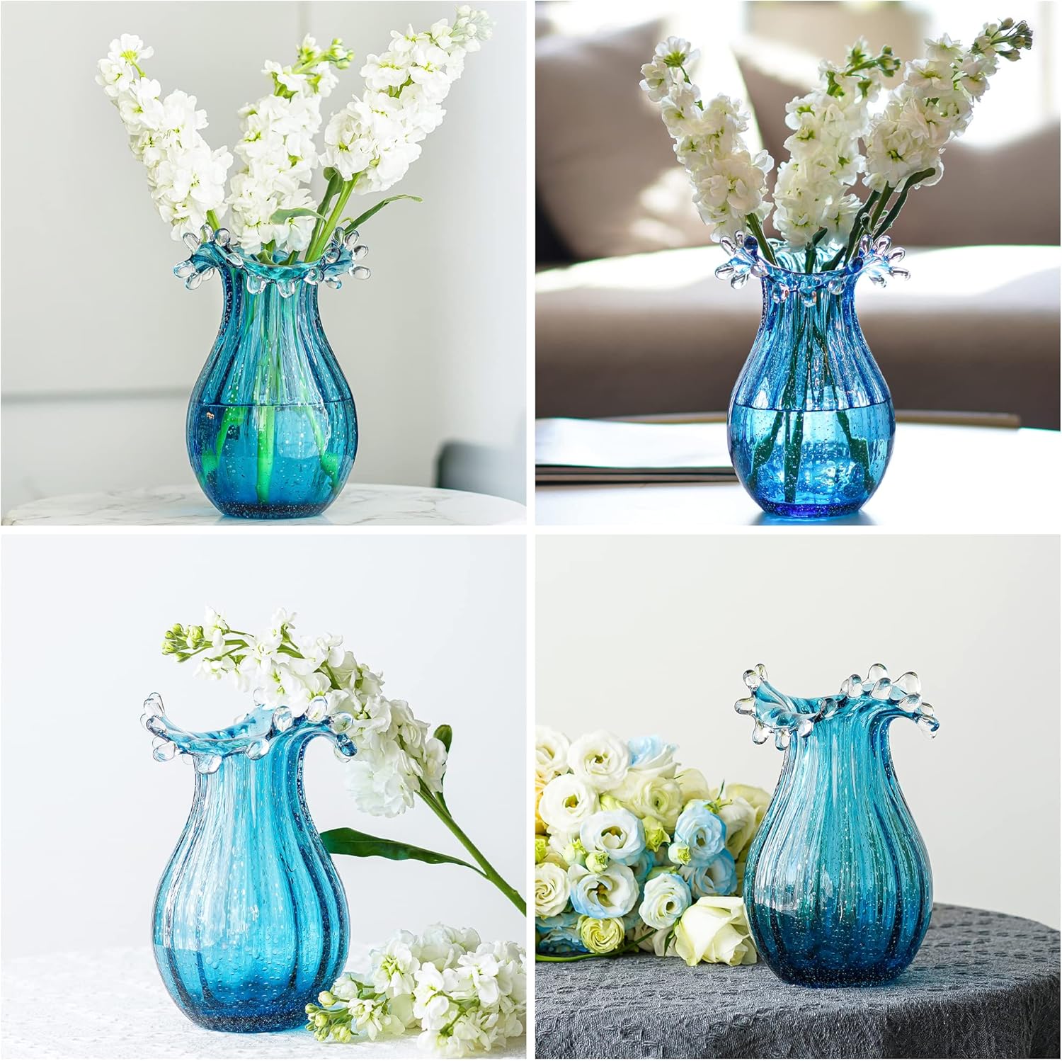 Skiennix 8-Inch Blown Glass Bubble Vase - Modern Art Flower Decor for Home, Office & Weddings - Blue