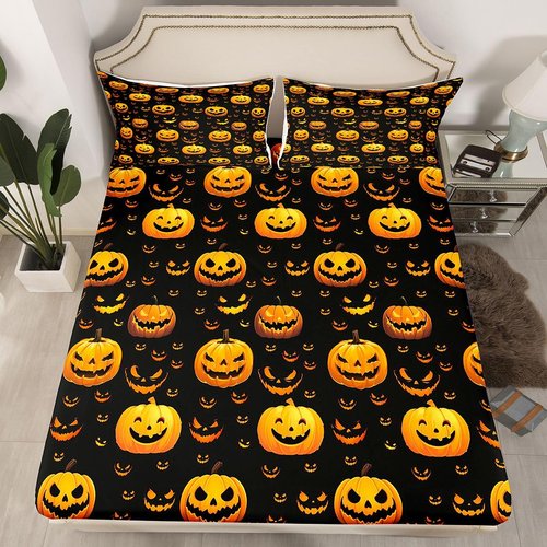 Feelyou Funny Pumpkin Bed Set Cute Halloween Bed Sheets for Kids Boys Girls Children Orange Black Sheet Set Cartoon Festival Decor Sheets with 2 Pillowcases 4Pcs Bedding Full