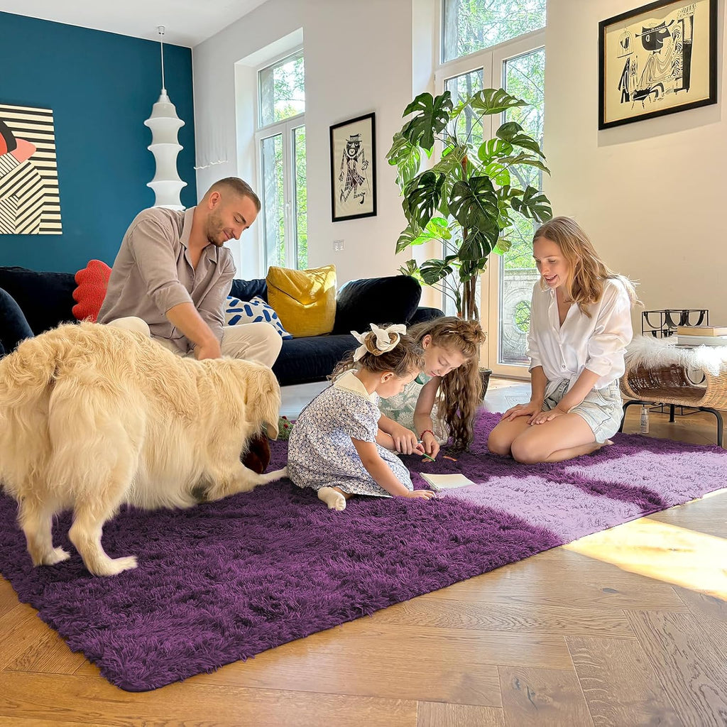 OLANLY Soft Fluffy 3x5 Machine Washable Bedside Rug - Dark Purple Shaggy Carpet for Kids & Nursery