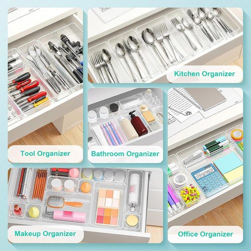 Clear Plastic Drawer Organizers by [Brand Name] - Set of 45 Stackable Storage Bins for Makeup, Kitchen Utensils & Jewelry