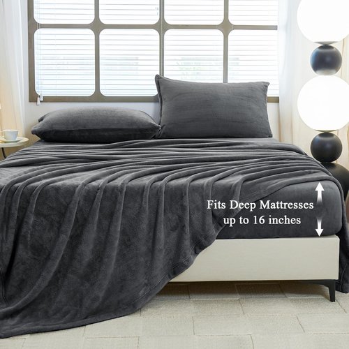 HCORA Fleece Queen Sheet Set, Luxury Soft Faux Fur Bed Sheets, Fluffy Plush Velvet Sheets Fuzzy Bedding Sheets for Fall and Winter, Cozy Warm, No Shedding, 4PC, Dark Grey
