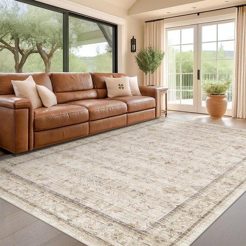 Beige Floral Washable Area Rug - 7x9 Non-Slip Living Room & Dining Room Carpet | Modern Farmhouse Décor