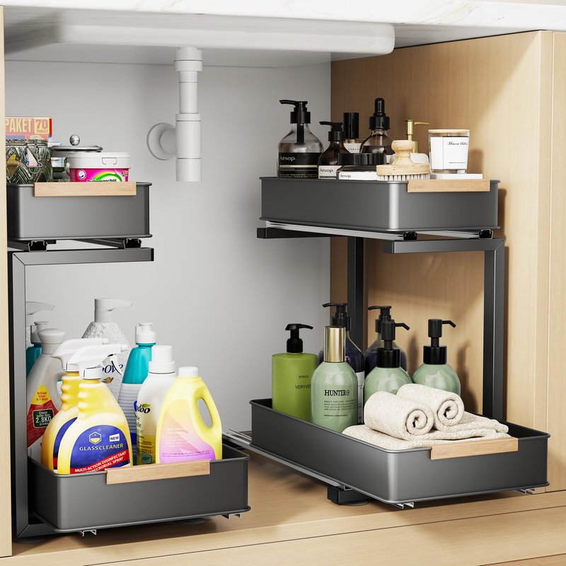 AndUp Under Sink Organizer, 2 Tiers Pull Out Bathroom Organizers and Storage, Slide Out Cabinet Organizer Shelf for Kitchen Bathroom, Multi-Purpose Collection Organizer Drawer Shelf (Gray, 2pcs)