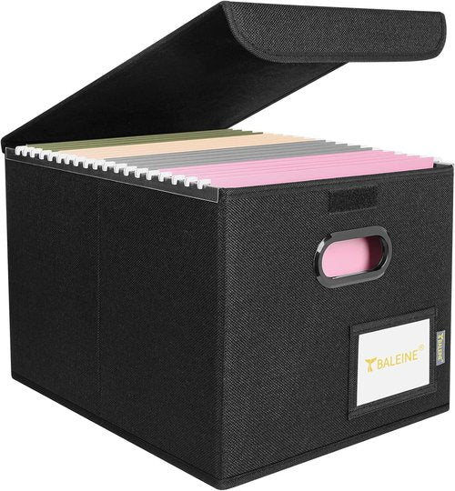 BALEINE File Organizer Box - Collapsible Document Storage with Lid & Plastic Slide | Black, 1 Pack