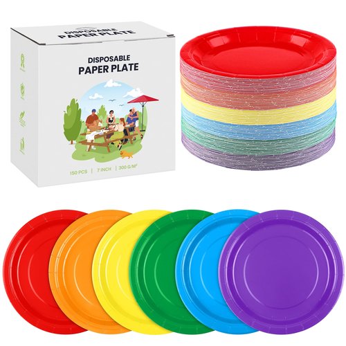 Kochorie 150 Pieces Rainbow Paper Plates 7 Inch Bulk Disposable Solid Colorful Dinner Plates Heavy Duty Round Dessert Supplies for Birthday Wedding Holiday Bridal Shower Party Supplies