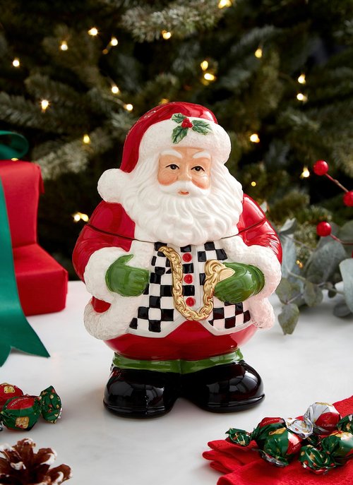 Spode Christmas Tree Black & White Santa Candy Jar - 8-Inch Ceramic Candy Storage Jar with Lid - Decorative Christmas Cookie Container for Holiday Kitchen Counter Displays, Treats, and Gifts